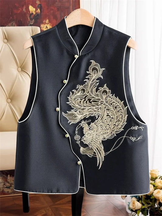 Women's Vest Women's Jackets Chinese Style Golden Phoenix Embroidered Spring and Autumn Vest Women's Single-breasted Vest Coat