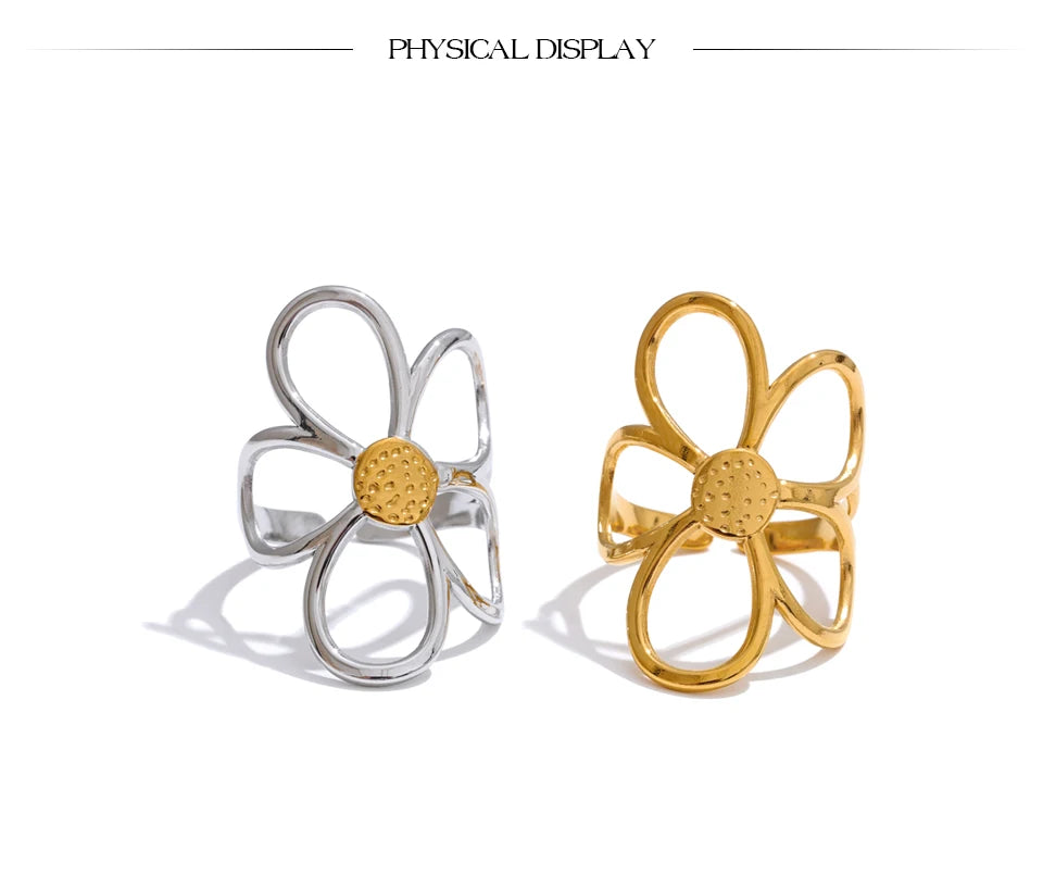 Yhpup Trendy Stainless Steel Metal Flower Adjustable Fashion Finger Ring Rust Proof Attractive Daily Jewelry Accessories Gift