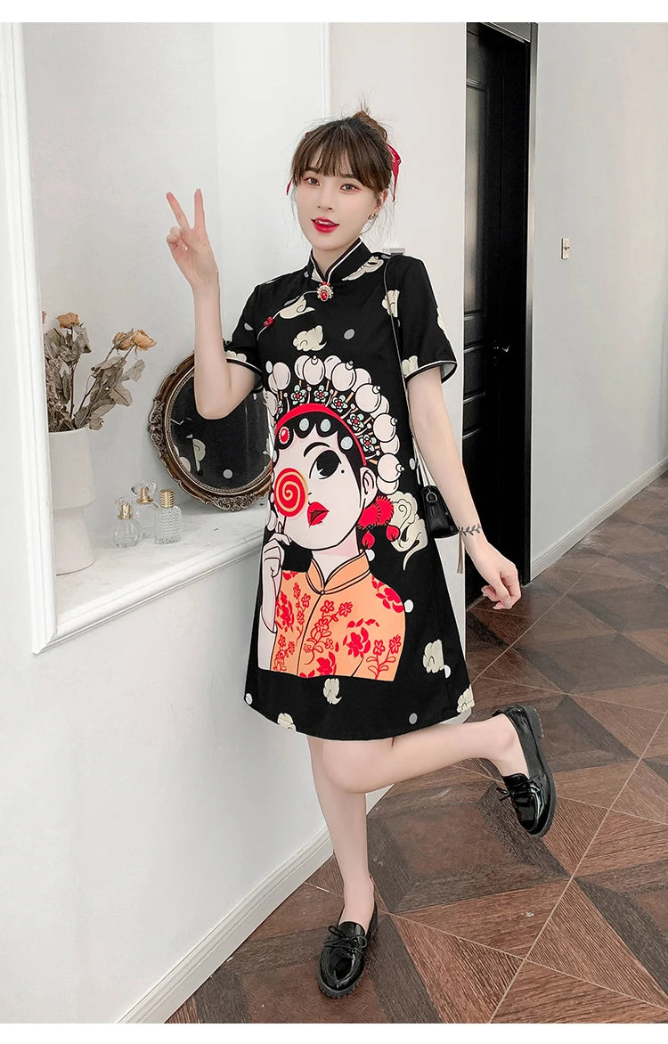 Chinese Traditional National Style Fashion Cartoon Printing Qipao Dress Summer Short Sleeve Elegant Modern Improved Cheongsam