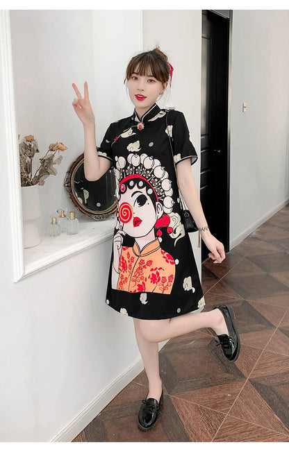 Chinese Traditional National Style Fashion Cartoon Printing Qipao Dress Summer Short Sleeve Elegant Modern Improved Cheongsam