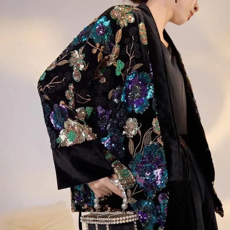 Chinese Style Tang Clothes Sequin Embroidery Hanfu Vintage Mandarin Collar Jacket Lady Elegant Tops Autumn Spring Outwear