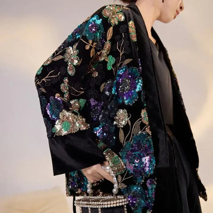 Chinese Style Tang Clothes Sequin Embroidery Hanfu Vintage Mandarin Collar Jacket Lady Elegant Tops Autumn Spring Outwear