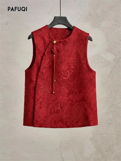 Chinese High-end Light National Style Cardigan Vest Coat in Spring and Summer Red Cashew Flower Round Neck New Year Vest Coat