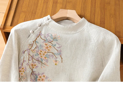 Chinese Style Women's Blouses Korean Embroidery Shirt FASHION Loose Spring/Summer Cotton Linen Clothing Three Quarter Women Tops