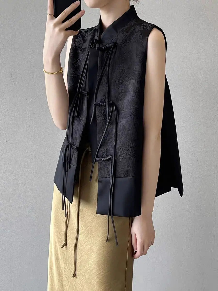 Chinese New Plate Button Vest Jacket 2025 Spring New Jacquard Stand Collar Sleeveless Waistcoat Retro Women Cheongsam Tops