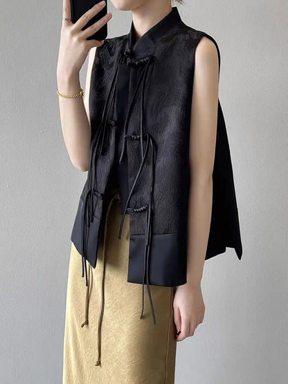 Chinese New Plate Button Vest Jacket 2025 Spring New Jacquard Stand Collar Sleeveless Waistcoat Retro Women Cheongsam Tops