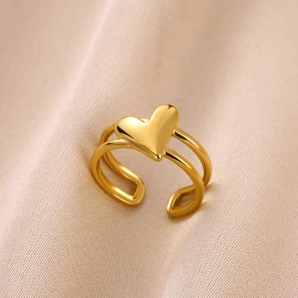 Stainless Steel Flower Open Rings For Women Trend Wedding Heart Jewelry Gold Color Geometric Hollow Ring Daily Accessories Gift