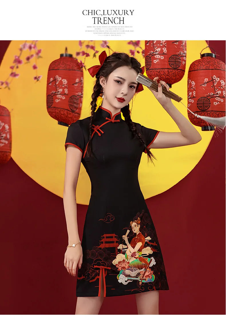 Niche Design Sense Chinese Style Printed Improved Qipao Y2K Vintage High Street Cheongsams Chinese Dress 치파오 китайское платье