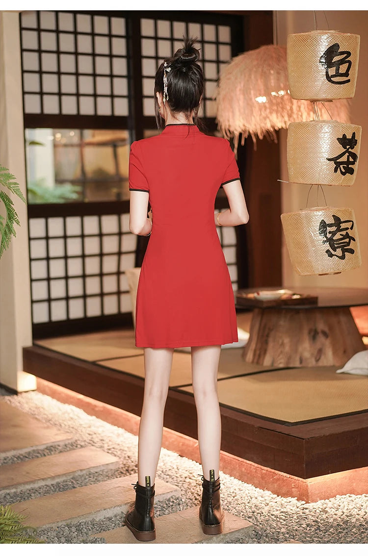 Two Piece Summer Young Red Qipao Chinese Style Retro New Phoenix Embroidery Short Cheongsam New Year CNY