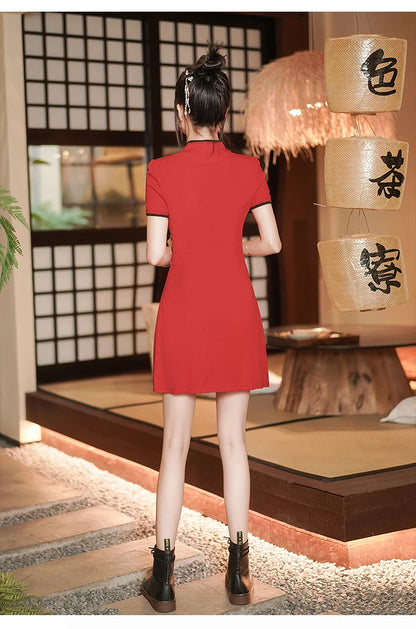 Two Piece Summer Young Red Qipao Chinese Style Retro New Phoenix Embroidery Short Cheongsam New Year CNY