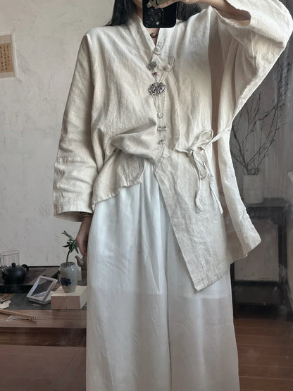 Chinese Style Diagonal Closure Zen Womens Tops Fashion Cotton Linen Asymmetrical Placket Blouse Women Loose Fit Clothes