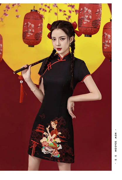 Niche Design Sense Chinese Style Printed Improved Qipao Y2K Vintage High Street Cheongsams Chinese Dress 치파오 китайское платье