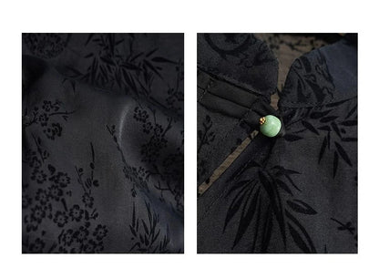 Retro Thin Shirt New Chinese Style Cheongsam Top Black Jacquard Short Sleeve T-shirt Summer Mature Fashion Women's Clothing