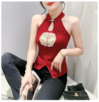 Chinese Style Embroidered Halterneck Vest Ladies Sleeveless Summer Wear Off-the-shoulder Small Suspender Chinese Slim Tank Top
