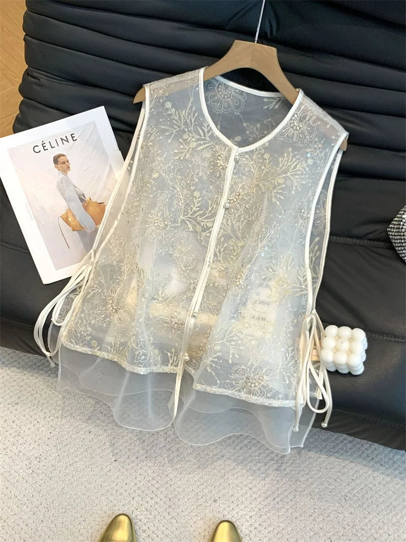 Fashion Chinese Style Embroidered Vest Women's Spring and Summer Yarn Thin Round Neck tie Sleeveless Loose Vest  Jacket Coat New