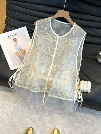 Fashion Chinese Style Embroidered Vest Women's Spring and Summer Yarn Thin Round Neck tie Sleeveless Loose Vest  Jacket Coat New