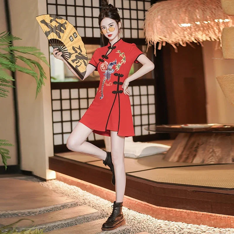 Two Piece Summer Young Red Qipao Chinese Style Retro New Phoenix Embroidery Short Cheongsam New Year CNY