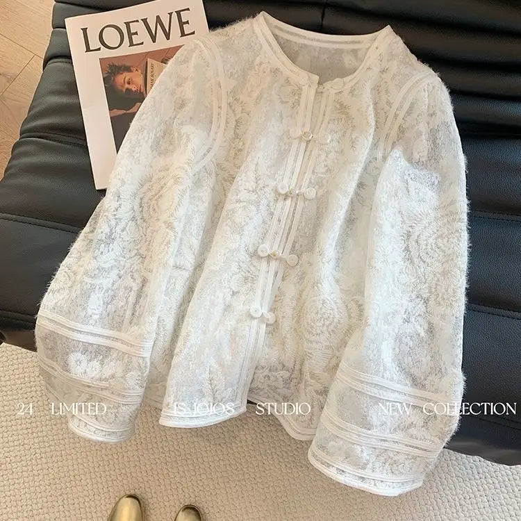 Heavy Industry Lace Hollow Shirt Underwear for Women's Spring New Style Retro Button New Chinese Style Top