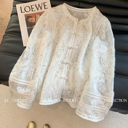 Heavy Industry Lace Hollow Shirt Underwear for Women's Spring New Style Retro Button New Chinese Style Top