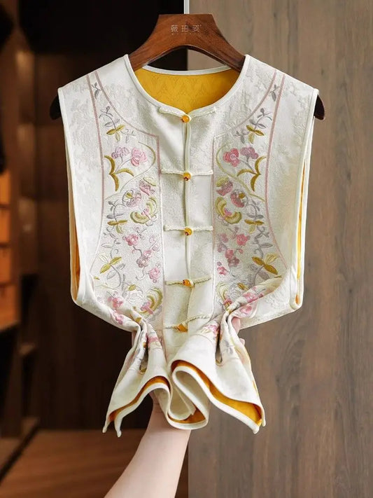 Embroidered Satin Silk Vest Women's Round Neck Ethnic Style Embroidery Sleeveless Top Chinese National Top