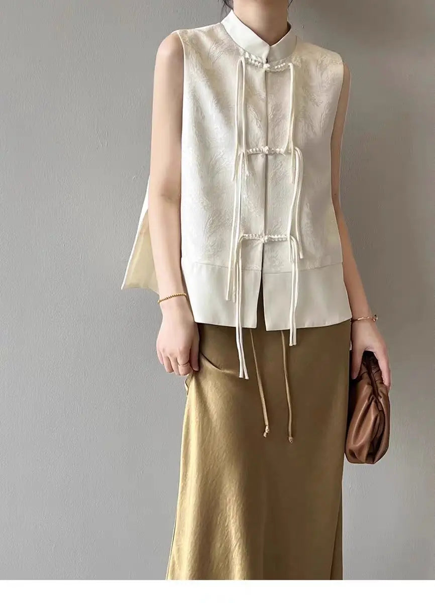 Chinese New Plate Button Vest Jacket 2025 Spring New Jacquard Stand Collar Sleeveless Waistcoat Retro Women Cheongsam Tops