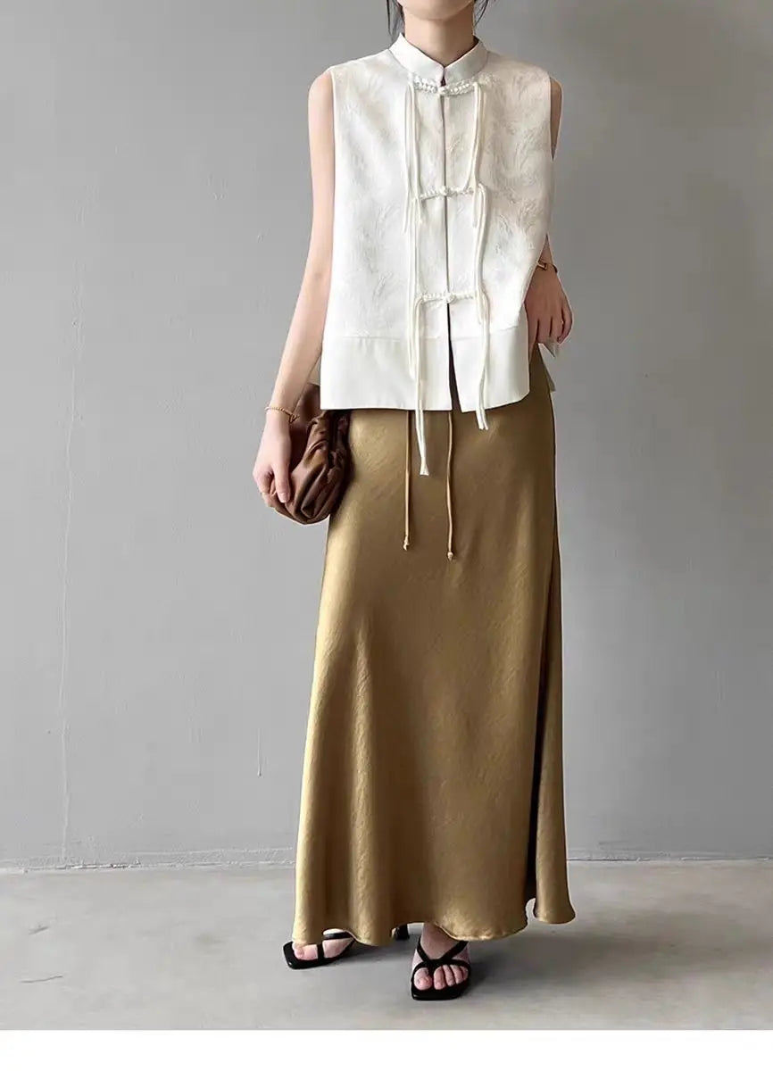 Chinese New Plate Button Vest Jacket 2025 Spring New Jacquard Stand Collar Sleeveless Waistcoat Retro Women Cheongsam Tops