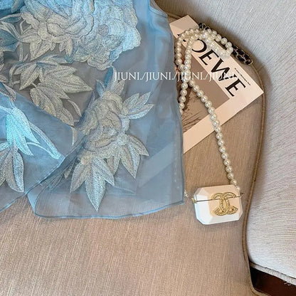 Summer Sleeveless Shirt Embroidered Slanted Stand Collar Chiffon Top Elegance Vest Blouse Chinese Style Women's Clothing