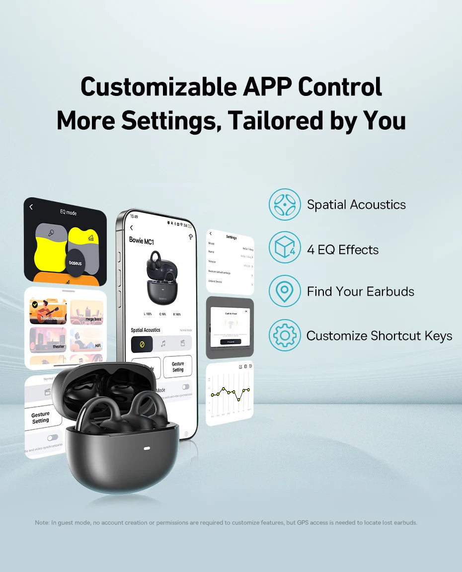 Baseus Bowie MC1 Ear Clip Wireless Earphones Bluetooth 5.4 Open-Ear Headphones Clip-On Sports Earbuds  IP57 Waterproof AI-Bass