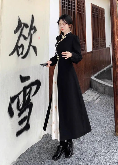New Chinese National Style New Year Battle Robe Button Modified Qipao Long Dress Women Temperament Splicing Dark Pattern Dresses