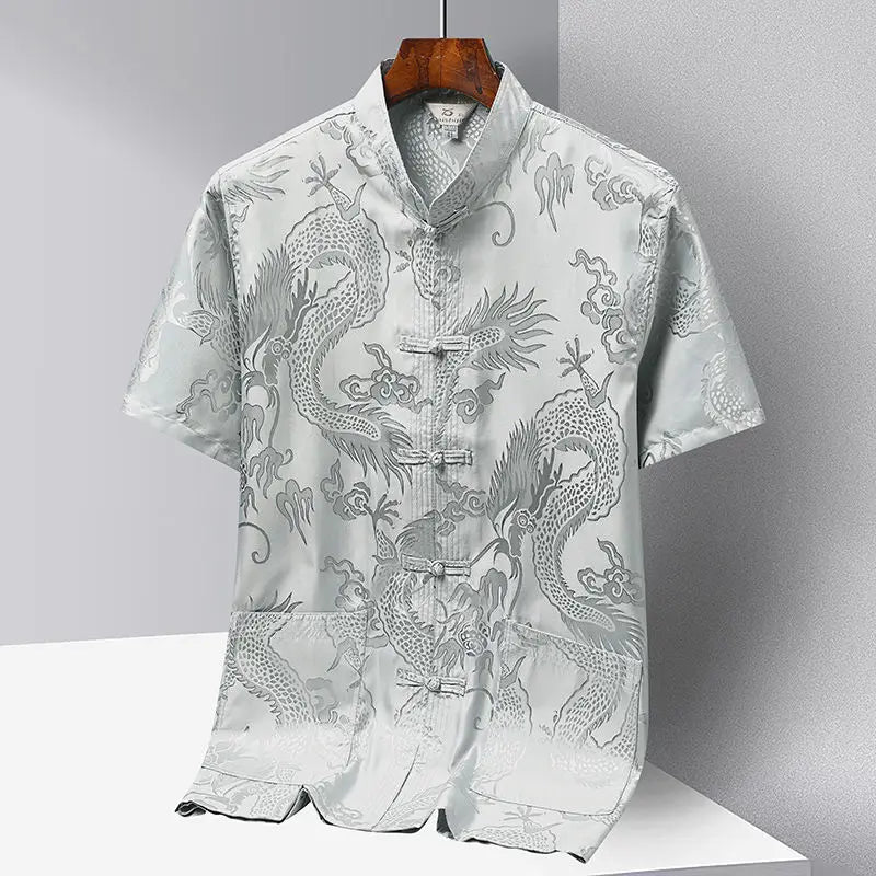 Chinese-style Men Short-sleeved Shirt, Summer Stand-up Collar Single-breasted Shirts, Decorated with Chinese Dragon Patterns.