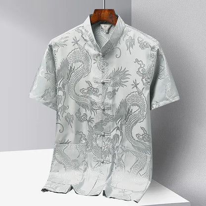 Chinese-style Men Short-sleeved Shirt, Summer Stand-up Collar Single-breasted Shirts, Decorated with Chinese Dragon Patterns.