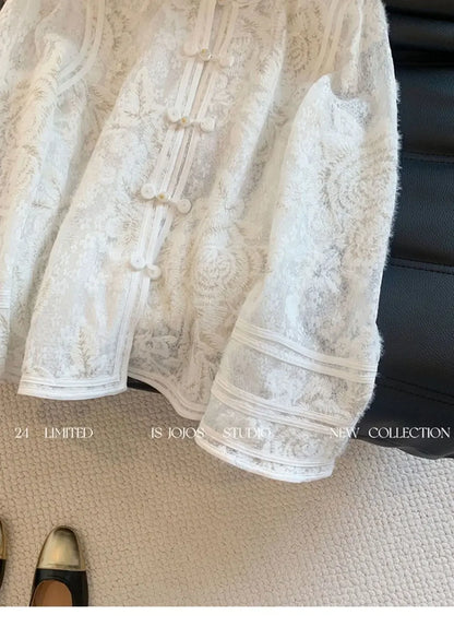 Heavy Industry Lace Hollow Shirt Underwear for Women's Spring New Style Retro Button New Chinese Style Top