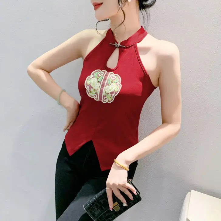 Chinese Style Embroidered Halterneck Vest Ladies Sleeveless Summer Wear Off-the-shoulder Small Suspender Chinese Slim Tank Top