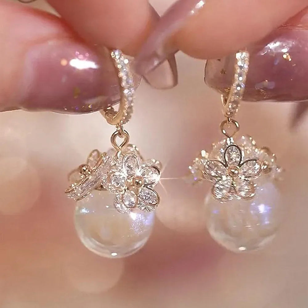 New Trend Simulation Pearl Long Earrings Women's Flower Rhinestone Wedding Pendant Earrings Fashion Korean Jewelry Earrings