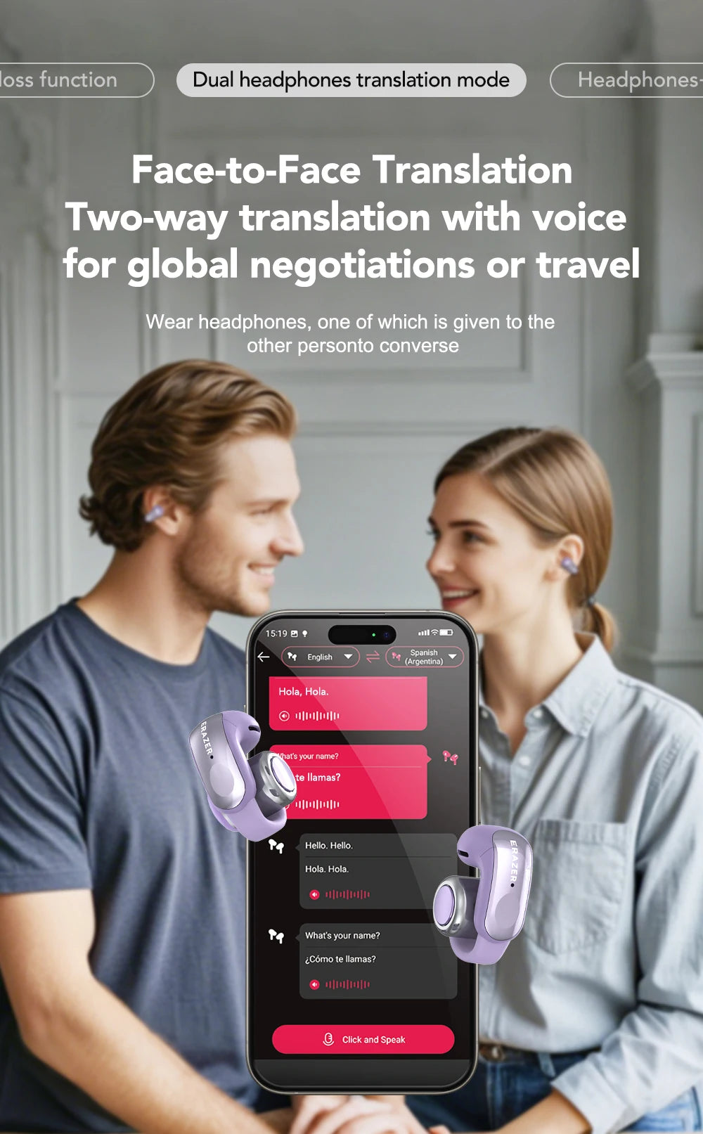 Translator ERAZER XF28 Bluetooth V6.0 Open-ear True Wireless EarbudsTranslation Earphones Office Travel,ASMR Headset APP