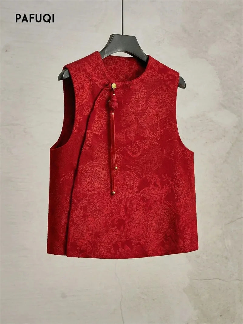 Chinese High-end Light National Style Cardigan Vest Coat in Spring and Summer Red Cashew Flower Round Neck New Year Vest Coat