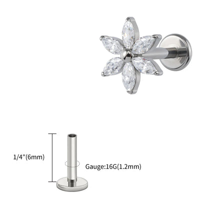 Right Grand ASTM F136 Titanium 16G Marquise Flower CZ Labret Stud Helix Conch Cartilage Tragus Flat Back Piercing Body jewelry