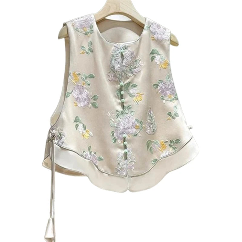 Satin Silk Embroidered Vest Women Chinese Style Vintage Vest Sleeveless Retro Tops Female Autumn New Fashion