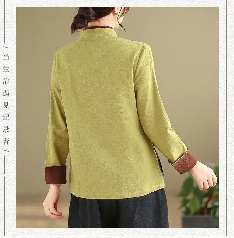 Womens Chinese Style Improved Hanfu Blouse Oblique V Neck Tie Side Contrast Trim Loose Cotton Linen Zen Tea Clothing Tops