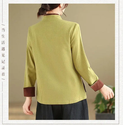 Womens Chinese Style Improved Hanfu Blouse Oblique V Neck Tie Side Contrast Trim Loose Cotton Linen Zen Tea Clothing Tops