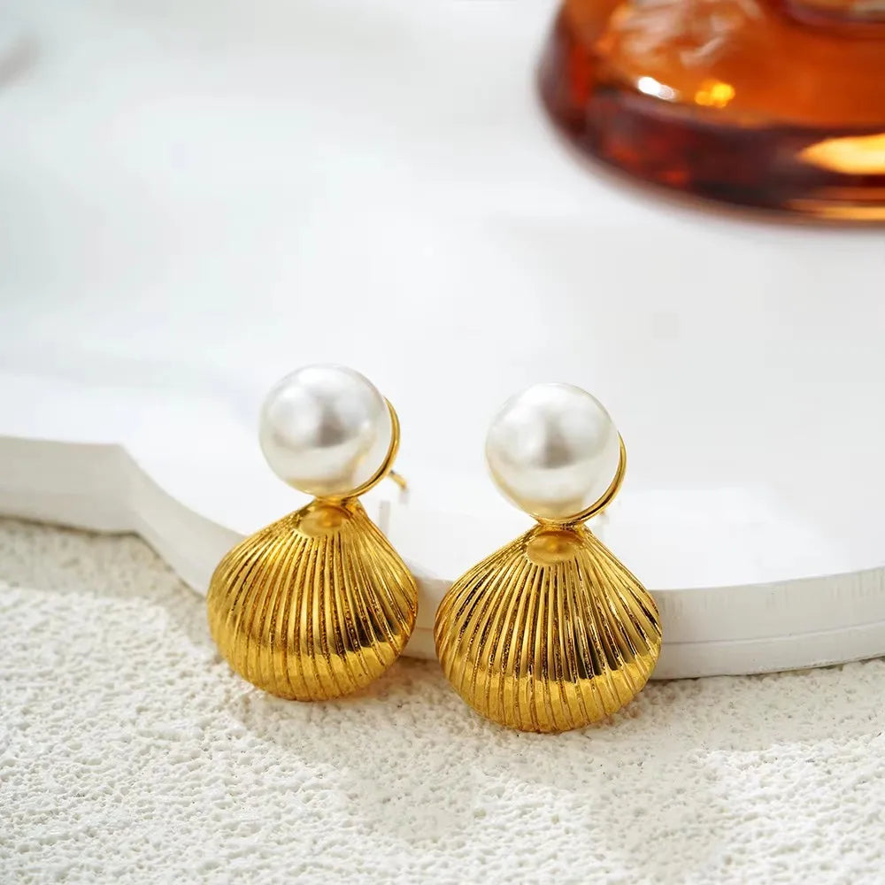 Vintage Stainless Steel Gold Plated Texture Snail Conch Shell Earrings for Women CZ Zircon Starfish Earring Beach Jewelry Gifts