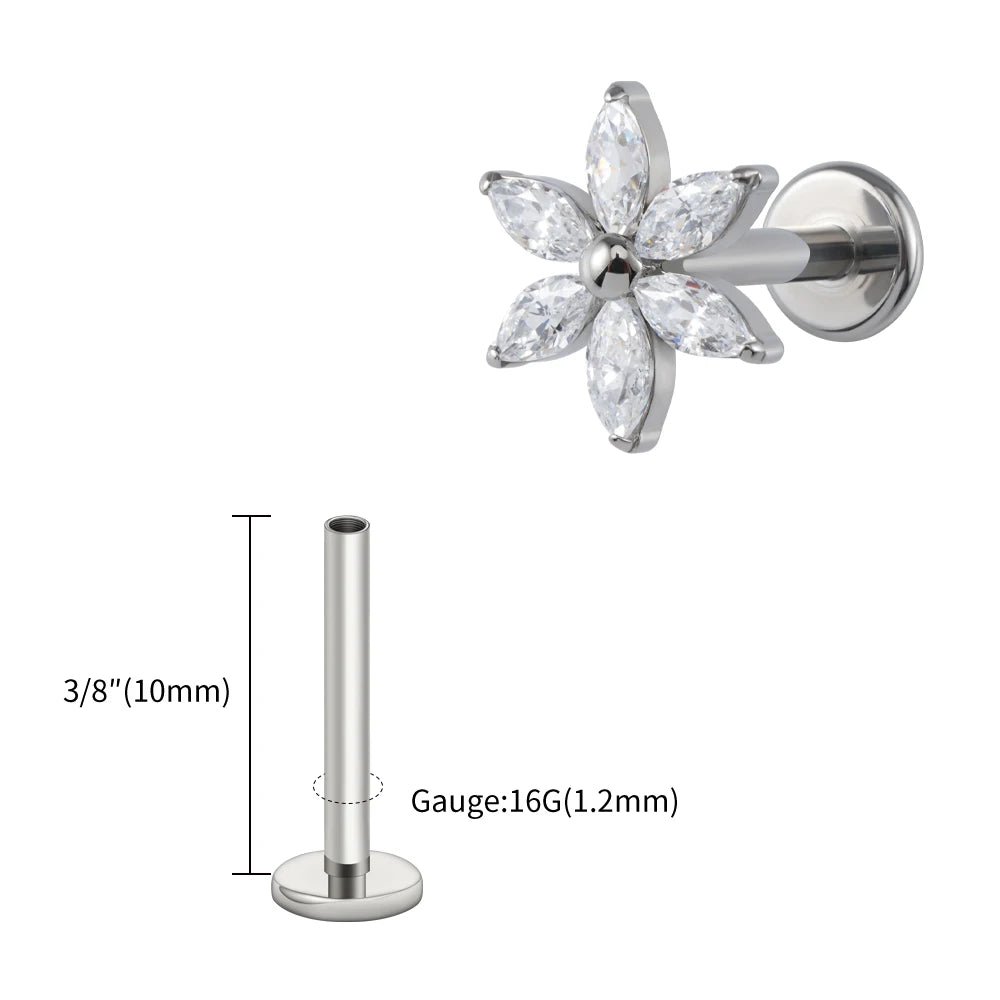 Right Grand ASTM F136 Titanium 16G Marquise Flower CZ Labret Stud Helix Conch Cartilage Tragus Flat Back Piercing Body jewelry