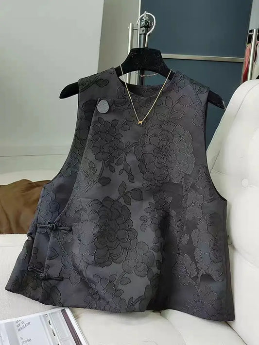 Floral Embroidery Jacquard Vest Women Black Sleeveless Embroidered Tops Chinese Style Ethnic Vintage Tang Vest