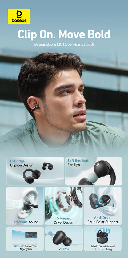 Baseus Bowie MC1 Ear Clip Wireless Earphones Bluetooth 5.4 Open-Ear Headphones Clip-On Sports Earbuds  IP57 Waterproof AI-Bass