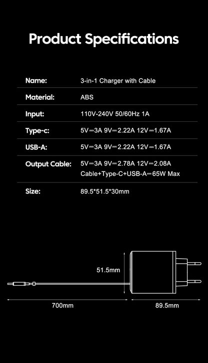 65W Super Fast Charge Type C USB Phone Charger With Retractable USB C Cable For Iphone 17 16 15 Samsung POCO Xiaomi