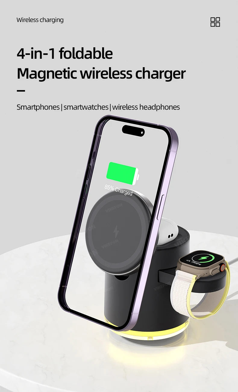 4 in 1 QI2 Wireless Charger Fast Charging Dock Stand Night Light For Magsafe iPhone 16 15 14 Pro Max Airpods Pro 2-8 Apple Watch