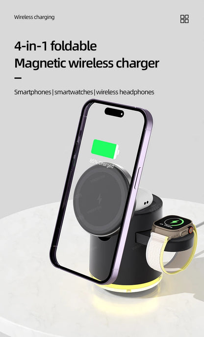 4 in 1 QI2 Wireless Charger Fast Charging Dock Stand Night Light For Magsafe iPhone 16 15 14 Pro Max Airpods Pro 2-8 Apple Watch