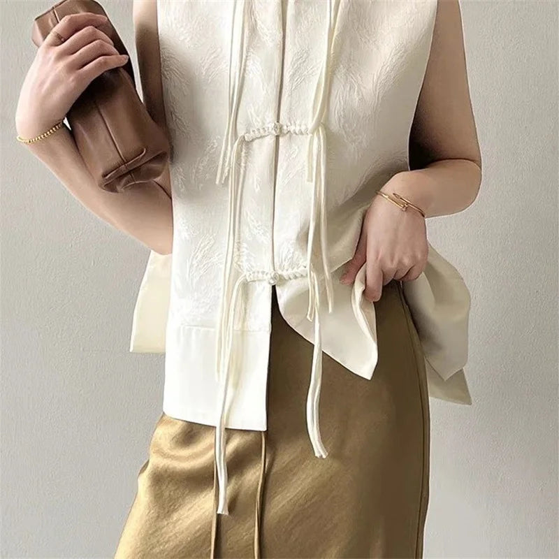 Chinese New Plate Button Vest Jacket 2025 Spring New Jacquard Stand Collar Sleeveless Waistcoat Retro Women Cheongsam Tops