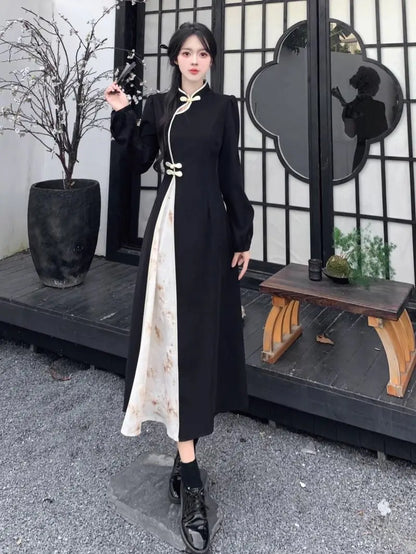 New Chinese National Style New Year Battle Robe Button Modified Qipao Long Dress Women Temperament Splicing Dark Pattern Dresses