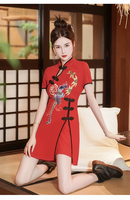 Two Piece Summer Young Red Qipao Chinese Style Retro New Phoenix Embroidery Short Cheongsam New Year CNY
